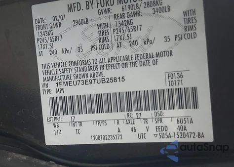 2007 Ford Explorer Xlt from USA, damaged, VIN 1FMEU73E97UB25815